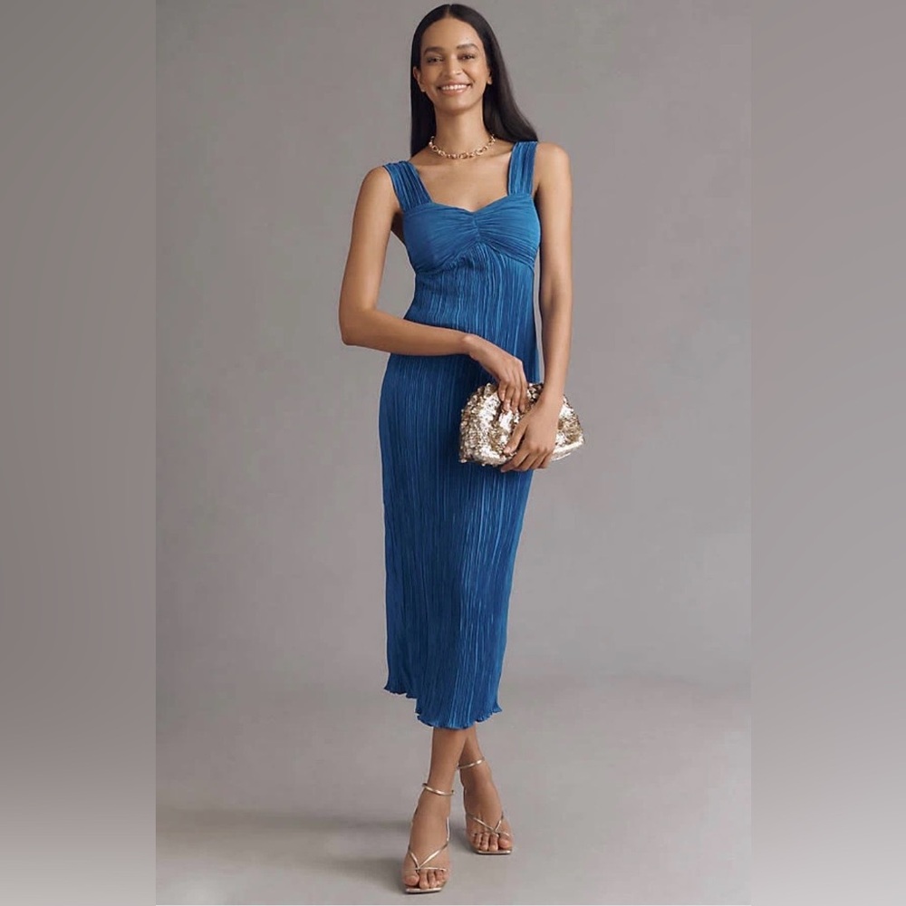 🆕 ANTHROPOLOGIE Pleated Satin Midi Dress Blue NWT Size XS Women’s